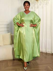 Modest Long Sleeve V Neck African Dress With Batwing Sleeves Sequin Embellishment