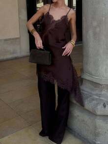 DEEKA 夏季新款女装欧美风性感简约不对称蕾丝派对连衣裙，适合性感聚会、庆典和宴会。