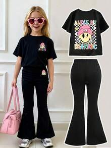 Toddler Girls' Cartoon Print Short Sleeve Top And Skinny Flared Pants Set - Black - View 1