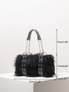 女士单肩包，毛绒钱包，金属链条，拼接设计，金属孔眼，个性化定制，街头风，Y2K风格，朋克摇滚，哥特风，秋冬款，日常通勤，购物必备，多功能（图案随机） - 黑色 - 查看 8