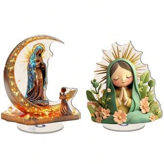 Estatua giratoria plana 2D de la Virgen de Guadalupe - Con forma de media luna y luces de neón de colores, diseño de base giratoria de 360°, sin necesidad de electricidad. Elaborada con material acrílico de alta calidad y mano de obra meticulosa, que muestra la belleza solemne y serena de la Virgen María. Adecuada para espacios interiores y exteriores, como hogares, iglesias, oficinas, estudios de arte, áreas de meditación o decoración de vehículos. El diseño de la corona de halo simboliza la fe devota, un regalo religioso ideal y una pieza decorativa para creyentes católicos.