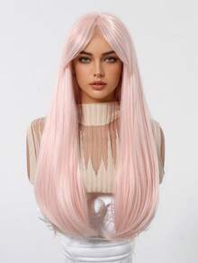 60 cm lång, rak, rosa, syntetisk peruk med lugg, lämplig för kvinnor, för fest, cosplay, värmebeständig