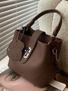 小众设计休闲百搭简约时尚PU纹理单肩斜跨包手提包水桶包托特包女士户外小手提包高品质复古斜跨包 - 咖啡 - 查看 3