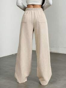 Women's Beige Ribbed Wide Leg Drawstring Pants, Casual High Waist Baggy Trousers - Apricot - View 3