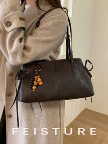 1pc Vintage Large Capacity PU Material Women's Shoulder Bag, Bowling Bag Style, Get Free Accessory Charm With Store Follow, Suitable For Daily Outing, Dating, Commuting - Coffee - View 3