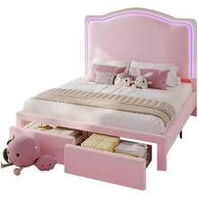 Twin/Full/Queen Bed Frame With LED Light And Storage Drawer, Upholstered Design With Adjustable Headboard, Easy Assembly, Noise-Free, No Box Spring Needed - 粉色 - 查看 11