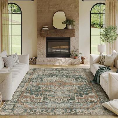 5x7 Area Rugs Living Room Bedroom, Washable Rug, Vintage Retro Boho Style, Non Slip Low Pile Faux Wool Thin Carpet Indoor Dining Room, Dorm And Room (Taupe/5x7ft)
