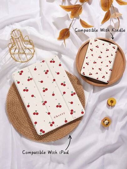 Kingsung 樱桃图案保护壳适用于 iPad 7/8/9/10.2 英寸、iPad 第 10 代、兼容 Kindle Paperwhite 第 12 代 2024、Kindle（第 11 代）2022 年发布、兼容三星 Galaxy Tab、对开式保护壳，具有自动睡眠/唤醒功能，多种款式可选