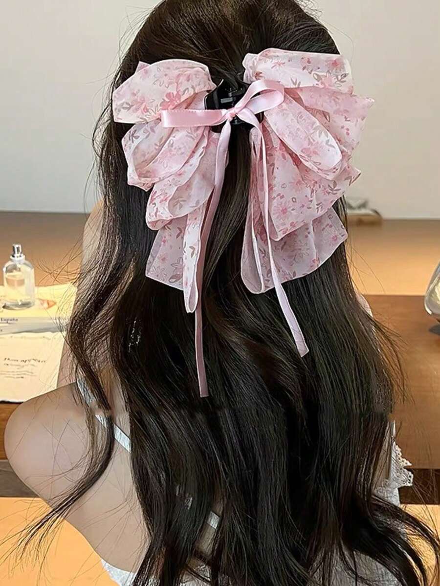 1 Presilha de Cabelo Grande em Tecido com Estampa Floral Preta e Branca - Presilha Elegante para Cabelo, Acessório de Inverno, Laço de Cabelo para o Verão