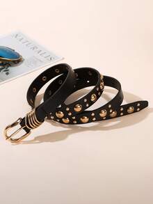 1pc Gold Mushroom Stud Embellished Solid Color Punk PU Leather Fashion Belt For Women