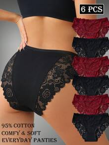 6pcs Set Elegant Solid Color Cotton Lace Trim Ladies Briefs - Multicolor - View 4
