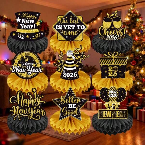 2026 Black Gold New Year Party Theme Honeycomb Table Decoration Indoor Living Room Window Closet Garden Dining Table Event Honeycomb Creative Decoration