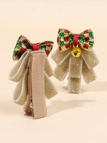 2 Peças Presilhas de Cabelo em Formato de Árvore de Natal para Meninas, Laço Cintilante com Sino, Presente de Natal Alegre, Presilhas Fofas e Doces, Grampos de Cabelo de Veludo Verde, Acessórios de Cabelo para Adolescentes - Castanho - Visão 4