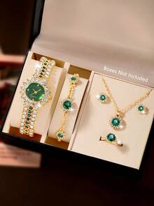 1 Set Reloj de mujer con gemas con incrustaciones de rhinestone, reloj de cuarzo + collar + aretes + pulsera + anillo Set con correa ajustable, tono dorado vintage, reloj de cuarzo de mujer con gemas, perfecto para fiestas, vacaciones, atuendos de cumpleaños o como el mejor regalo para tu mejor amiga - Dorado - Ver 9