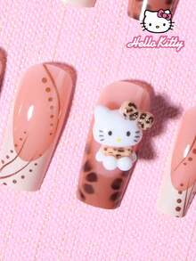 Sanrio Uñas postizas francesas 3D de Hello Kitty de Sanrio, 24 piezas de tamaño mediano con diseño de estampado de leopardo - Decoración 3D adorable de Hello Kitty, flores y lazos con rhinestones, set perfecto de uñas acrílicas falsas, incluye 1 pieza de pegamento de gelatina y 1 pieza de lima de uñas, adecuado para uso diario, fiestas y reuniones de mujeres y niñas