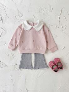 2pcs/Set Baby Girl Floral Embroidery Peter Pan Collar Long Sleeve Sweatshirt And Ruffle Hem Pants Set, Spring/Autumn - Pink - View 8