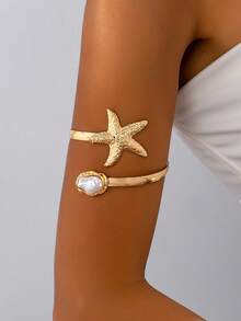 1 件创意时尚新款海星镂空巴洛克仿珍珠臂章，优雅女士夏季海滩度假派对婚礼度假音乐节节日礼物珠宝，精灵服装，美人鱼配饰 - 金色+白色 - 查看 2