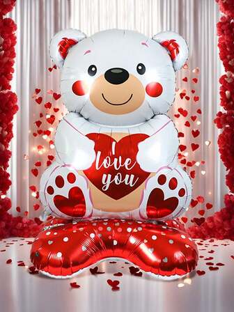 1/11pcs - 58" Standing I Love You Hugging Heart Teddy Bear Balloon, 18" Heart Shaped Balloon, Cartoon Bear Foil Balloon, Anniversary Valentine's Day Love Heart White Bear Balloon, Suitable For Romantic Valentine's Day Party Decoration, Wedding Decoration, Anniversary, Bridal Shower