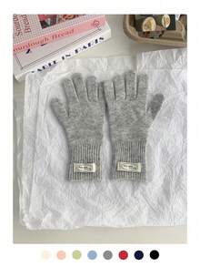 纯色标签针织手套，女士秋冬露指触屏五指防风保暖手套，女士多功能加厚针织手套，骑行保暖