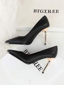 Metallic Pointed Toe Patent Paneled Sexy Versatile Super High Heel Pumps, Women's High Heels For Party