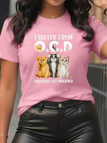 Camiseta gráfica "Sufro de TOC" para hombres y mujeres con gatos de dibujo animado - Casual, de manga corta, cuello redondo, comodidad para todas las estaciones, ropa casual de vacaciones, ropa casual| Diseño Juguetón| Cómodo - Negro - Ver 9