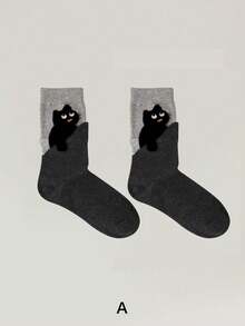 1/2 Pairs Women's Knee-High Socks, Creative Cartoon Cat Patchwork Pattern Warm Long Socks, & Versatile Short Socks, Suitable For Daily Wear - Multicolor - View 9