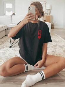 Heart Chest Logo Printed Short Sleeve T-Shirt - Black - View 6