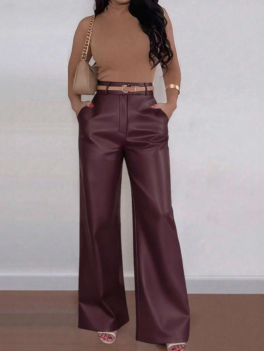 女士优雅高腰口袋设计喇叭裤，宽松版型，初秋 - 紫色 - 查看 1