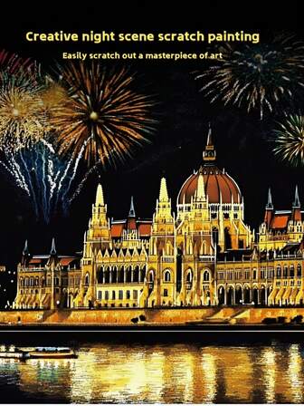 1 Set Of 4 DIY Night Scene Art Scratching, Colourful Cityscape Architectural Scratching Art Postcards, Urban Architecture Toys, Birthday Gifts, Room Decorative Paintings, Suitable For Home Decoration Wall Art, Art Lovers Returning To School, Mother's Day, Gifts For Mothers, Gifts For Friends, Suitable For Christmas, Halloween, Thanksgiving And Other Occasions.