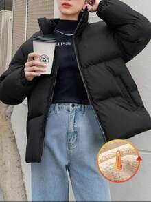 1 件青少年女孩休闲户外夹克，舒适保暖内衬立领风衣，适合春季、秋季、冬季