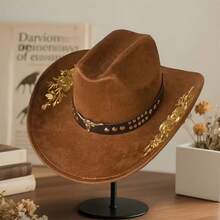 Women Men Embroidery Cowgirl Hat Wide Brim Cattle Head Belted Wool Hat Felt Jazz Cap For Party - 卡其色 - 查看 5