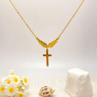 1 件女士金色不锈钢十字架和翅膀项链