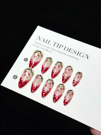 10 Pieces Of Pure Handmade Press-On Nails, Red Christmas And New Year Snowflakes, French Stiletto Nails, Sweet And Cute Nail Art, Red And White Nails, Detachable And Reusable, Suitable For Women, Suitable For Holidays Or Daily Wear