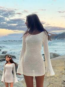 Vestido de punto transparente de unicolor, sexy y con espalda descubierta para playa y vacaciones, para primavera/verano - Crema - Ver 3