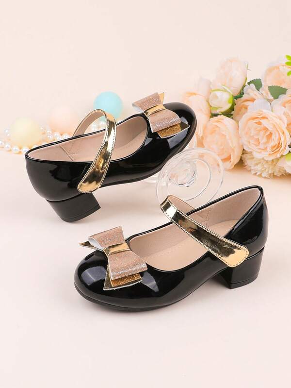 Flower Girl Dress Shoes For Wedding, Party, Holiday, Suitable For Toddler, Little & Big Girls, Classic Comfortable Versatile Black, Gold, Bow Decor Chunky Heel Dress Shoes For Formal Occasions, Recital, Ballet, Princess