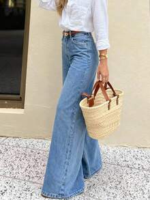 女式休闲优雅阔腿牛仔裤，长款水洗，带口袋和纽扣细节，中等弹力，波西米亚风格裤子