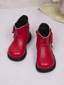 New Girls' Bowknot Rhinestone Soft Comfortable Round Toe Sweet Fashion Flat Ankle Boots Suitable For Autumn/Winter - Red - View 3