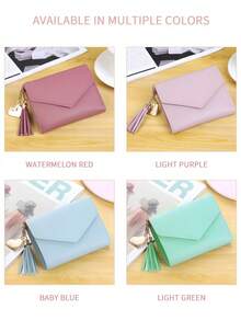 这款可爱的流苏装饰钱包采用人造皮革制成，具有多功能设计，包括女士短款钱包、零钱包、翻盖卡包和信封式布局，使其成为情人节和圣诞节的完美理想礼物。 - 彩色 - 查看 7