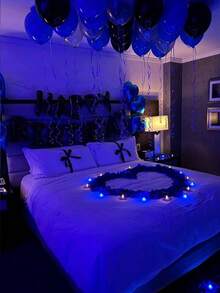 583pcs Blue & Black Birthday Balloon Kit, 500pcs Non-Woven Fabric Petals, 16" Happy Birthday Banner, 8pcs 18" Foil Heart Balloons, Thick Latex Balloons, Suitable For Men's Birthday Party, Dark Color Aesthetic Party Background, Romantic Bedroom Decor, Midnight Surprise Birthday Party Decor, Influencer Photo Backdrop, Anniversary, Home Decor, Photo Backdrop, Party Organizer, Event Planner - Multicolor - View 8