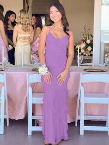 Women's Backless Bodycon Spaghetti Strap Elegant Ruffle Maxi Cocktail Party Dresses, 2025 QMO3 - Purple - View 4