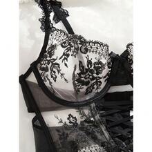Elegant 2-Piece Set Of Lace Transparent Embroidered Bra And Underwear Women's Set - Sexy Waist Design, Perspective Polyester Blend, Give You A Different Experience - 黑色 - 查看 4