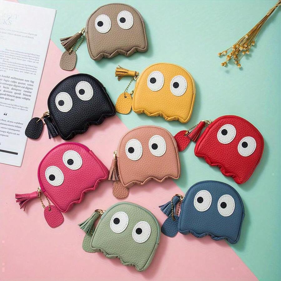 Cute Cartoon Genuine Leather Mini Coin Purse With Keychain Pouch Card Holder Organized Zip-Around Purse For Women - For Everyday Use - Perfect Gift For Girls & Teens - 粉色 - 查看 1