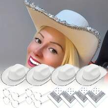 Juego de 3 sombreros de vaquero estilo occidental, sombrero de vaquero con borde plateado brillante, sombrero de vaquero brillante de poliéster, accesorios de decoración para fiestas de disfraces, adecuado para eventos, fiestas, bailes de disfraces, bodas, eventos navideños y suministros para fiestas - Multicolor - Ver 6
