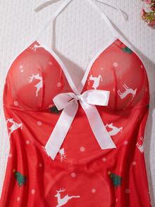 Women's Red,Christmas,Deer&Christmas Tree Print,Deep V-Neck,Hollow Out,Lace Splice,Sheer&Backless,Babydolls,Sexy Lingerie Dress - Red - View 7