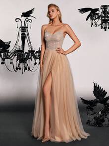 VIPGIRL VIP GIRL 优雅高端奢华小众手工刺绣宴会礼服，浅棕色 - 棕色 - 查看 4