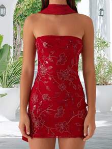 Women Summer Mini Bandeau Dress Sleeveless Off Shoulder Flower Embroidery Tube Top Dress With Scarf - 紅色 - 查看 4