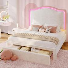 Twin/Full/Queen Bed Frame With LED Light And Storage Drawer, Upholstered Design With Adjustable Headboard, Easy Assembly, Noise-Free, No Box Spring Needed - Cream - View 1