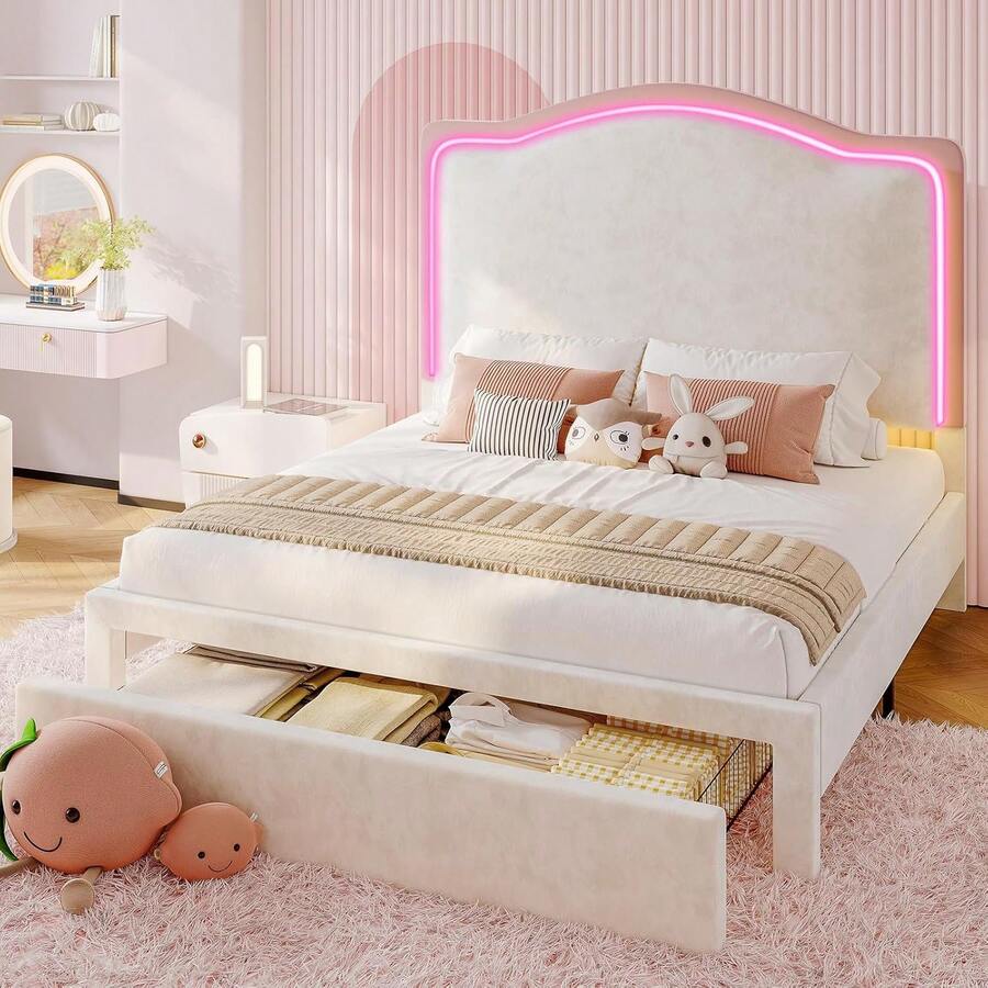 Twin/Full/Queen Bed Frame With LED Light And Storage Drawer, Upholstered Design With Adjustable Headboard, Easy Assembly, Noise-Free, No Box Spring Needed - Cream - View 1