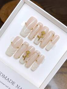 10片纯手工绘制方形美甲贴片，手绘个性化白色法式3D玫瑰美甲贴片，高品质优雅简约设计美甲贴片，按压式美甲贴片，美甲用品 - 彩色 - 查看 6