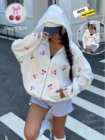 Stylish Plus Size Regular Length Hoodie Coat With Adorable Cherry Bow Print Zipper Front Drop Shoulder Long Sleeve Pockets